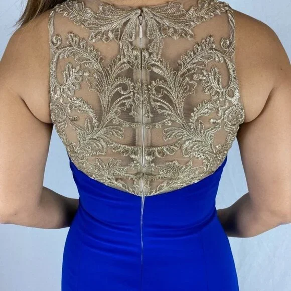 Marchesa Notte Blue Gold Lace Formal Gown $995 - Picture 7 of 11